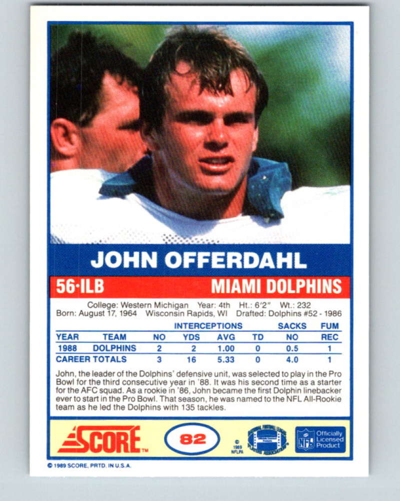 1989 Score #82 John Offerdahl Mint Miami Dolphins Image 2