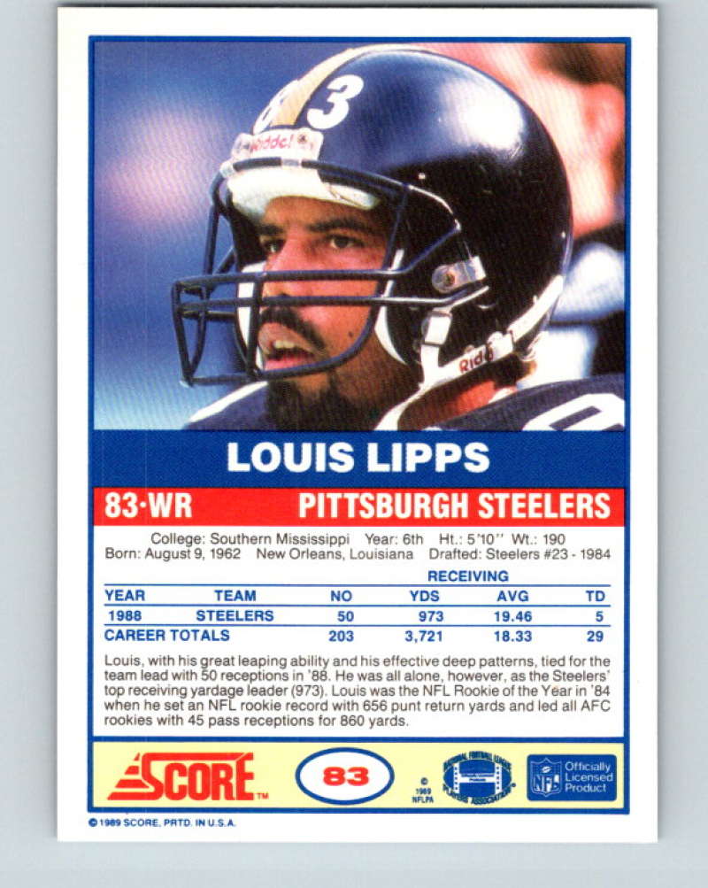 1989 Score #83 Louis Lipps Mint Pittsburgh Steelers Image 2