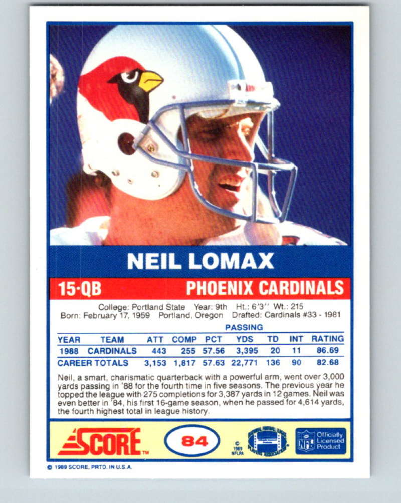 1989 Score #84 Neil Lomax Mint Phoenix Cardinals Image 2