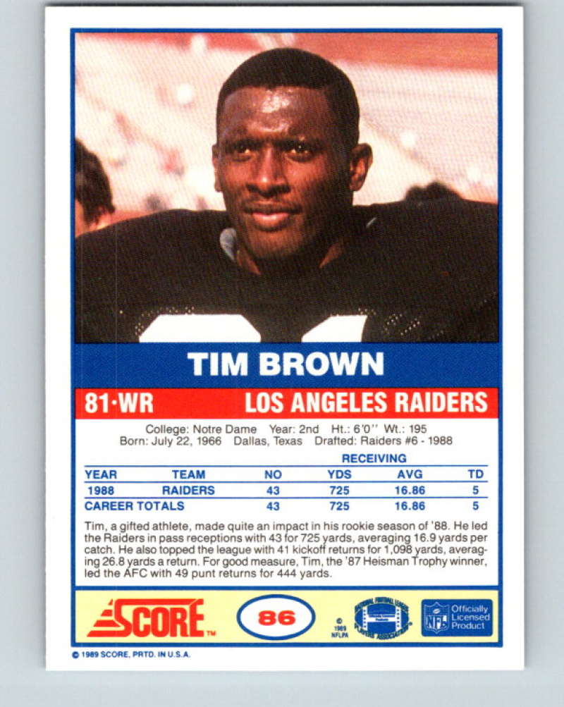 1989 Score #86 Tim Brown Mint RC Rookie Los Angeles Raiders