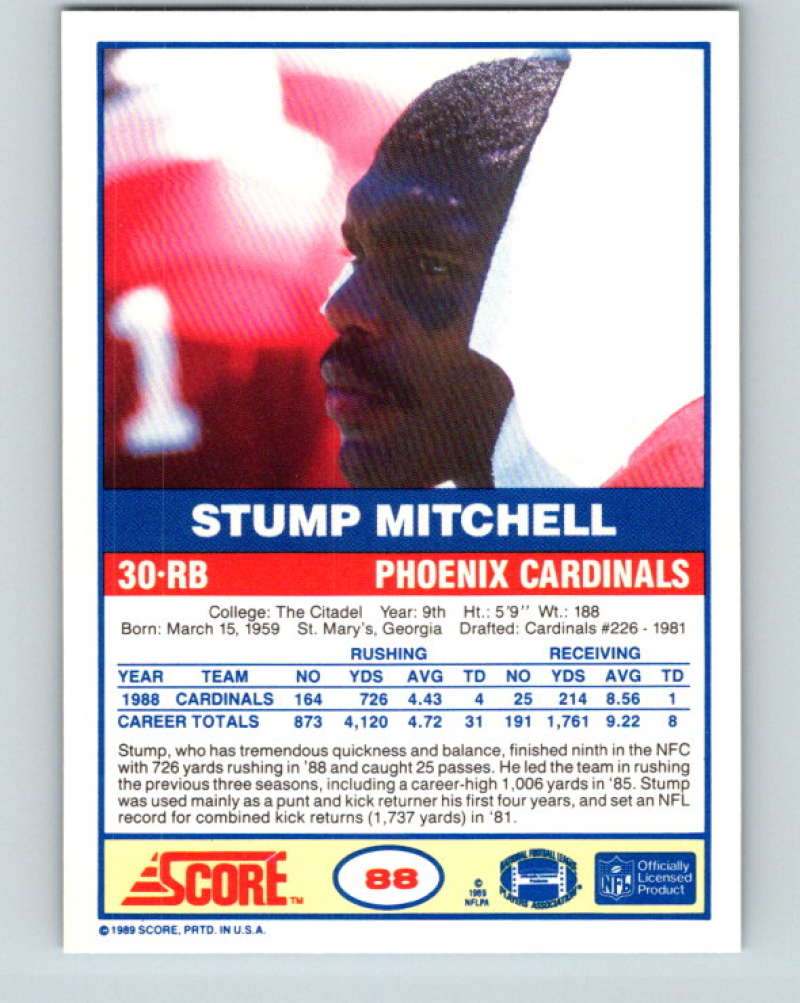 1989 Score #88 Stump Mitchell Mint Phoenix Cardinals Image 2