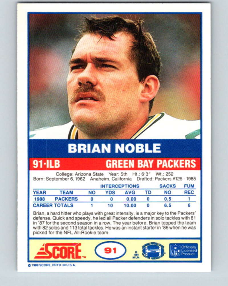 1989 Score #91 Brian Noble Mint Green Bay Packers Image 2