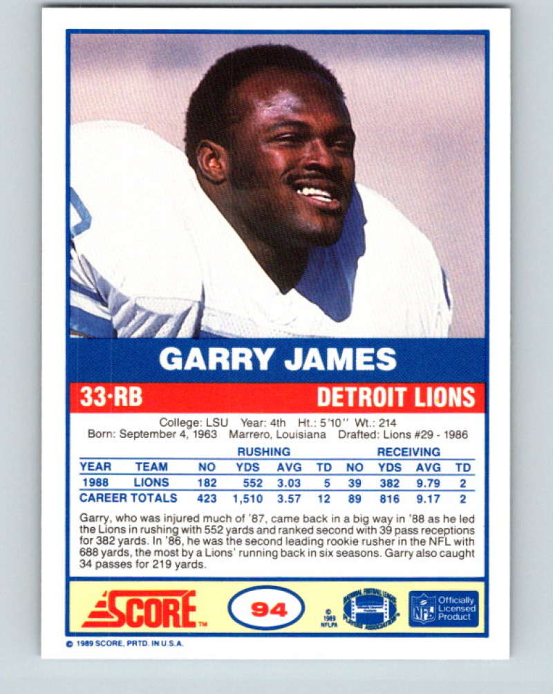 1989 Score #94 Garry James Mint Detroit Lions  Image 2