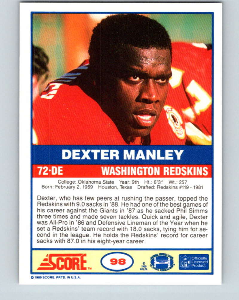 1989 Score #98 Dexter Manley Mint Washington Redskins Image 2