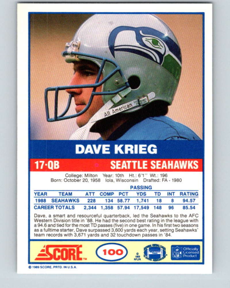 1989 Score #100 Dave Krieg Mint Seattle Seahawks Image 2