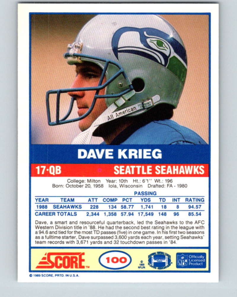 1989 Score #100 Dave Krieg Mint Seattle Seahawks  Image 2