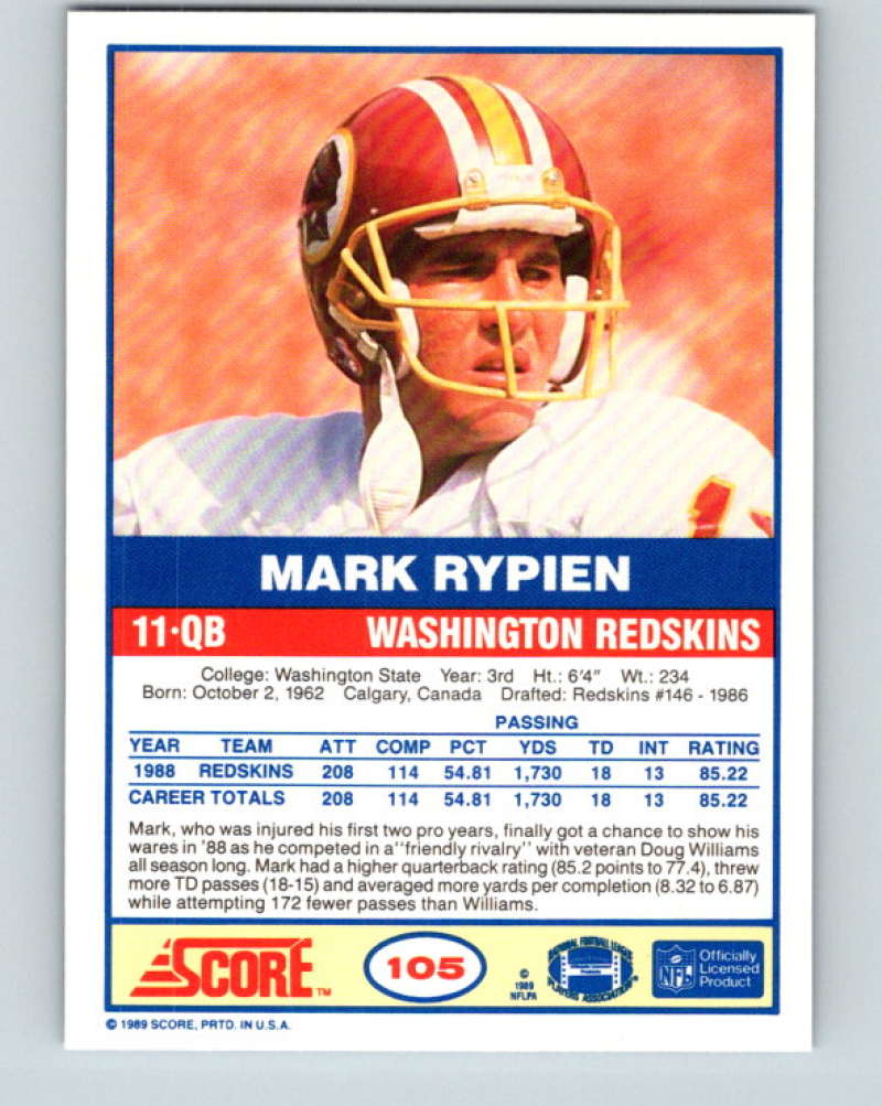 1989 Score #105 Mark Rypien Mint RC Rookie Washington Redskins