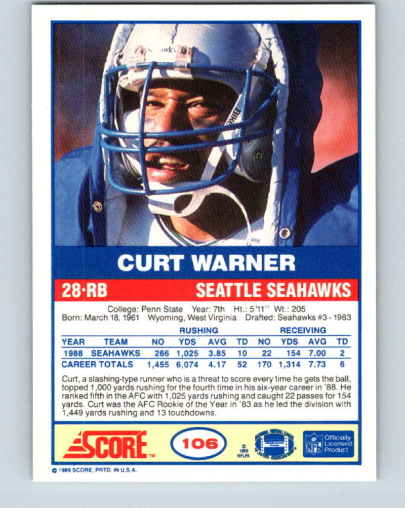 1989 Score #106 Curt Warner Mint Seattle Seahawks Image 2