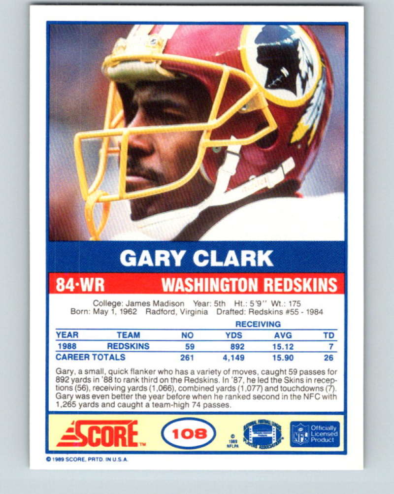 1989 Score #108 Gary Clark Mint Washington Redskins Image 2
