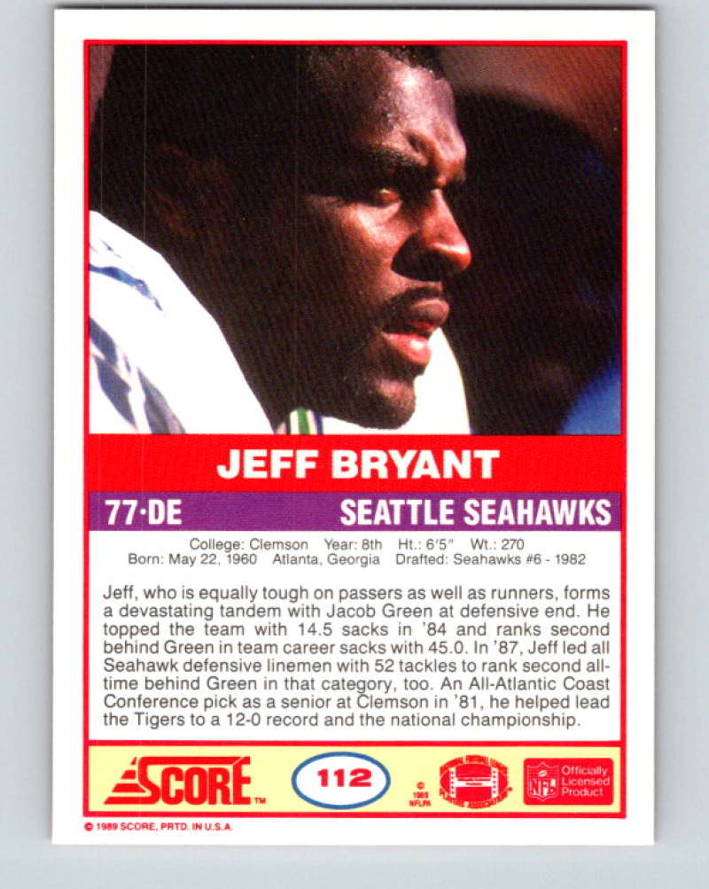 1989 Score #112 Jeff Bryant Mint Seattle Seahawks Image 2