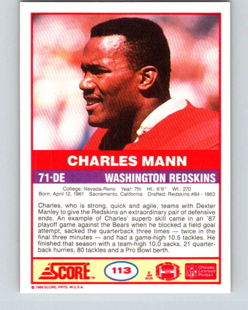 1989 Score #113 Charles Mann Mint Washington Redskins Image 2