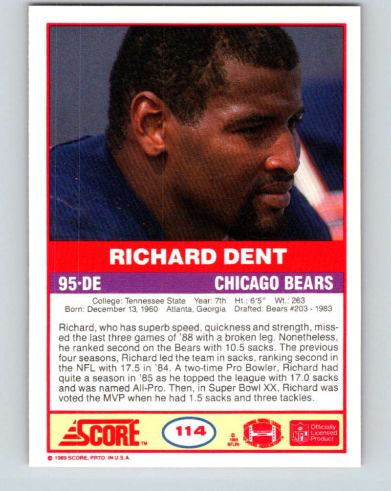 1989 Score #114 Richard Dent Mint Chicago Bears Image 2