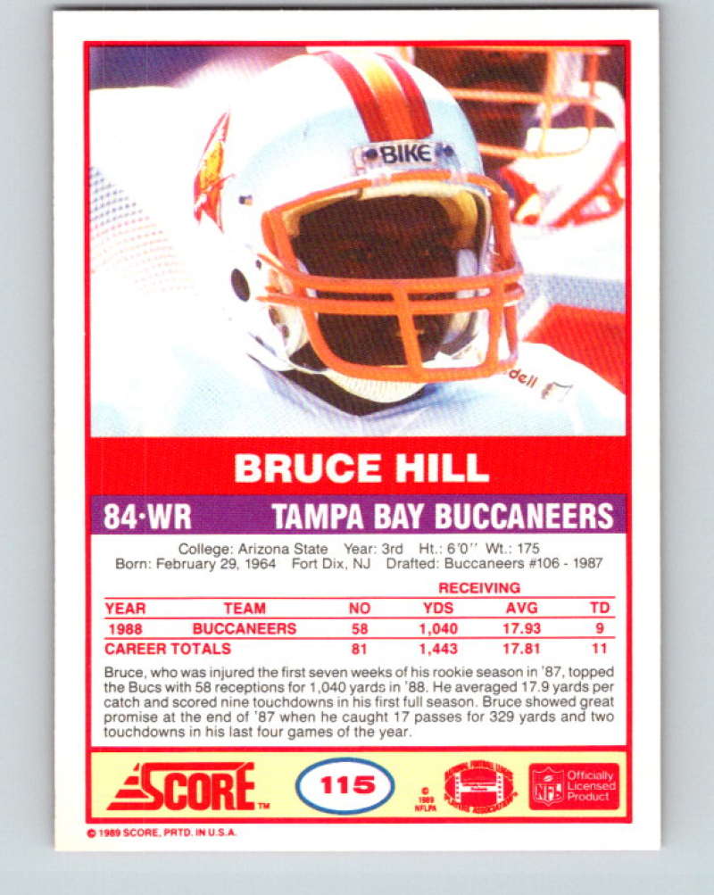 1989 Score #115 Bruce Hill Mint RC Rookie Tampa Bay Buccaneers Image 2