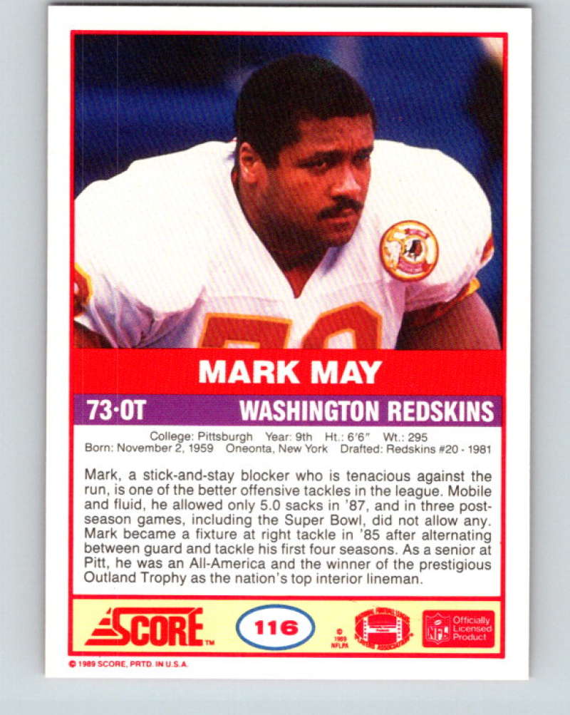 1989 Score #116 Mark May Mint RC Rookie Washington Redskins  Image 2