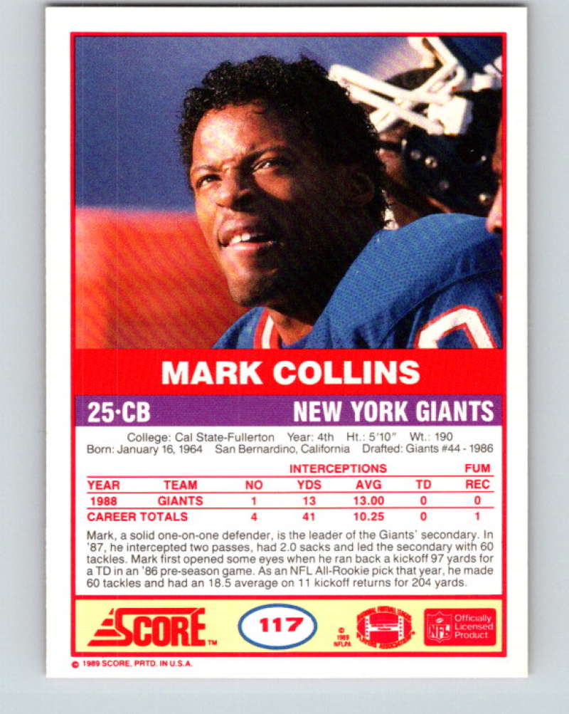 1989 Score #117 Mark Collins Mint RC Rookie New York Giants Image 2