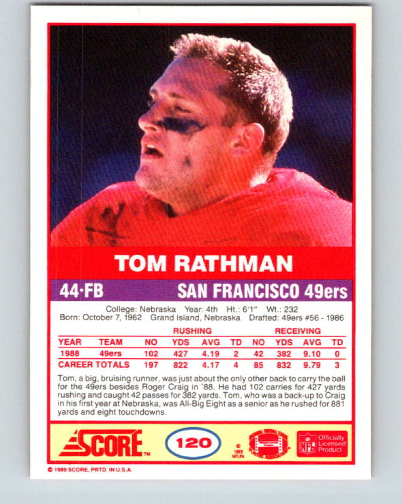 1989 Score #120 Tom Rathman Mint San Francisco 49ers Image 2