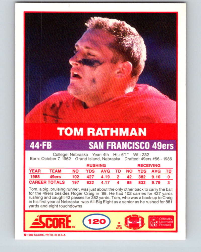 1989 Score #120 Tom Rathman Mint San Francisco 49ers  Image 2