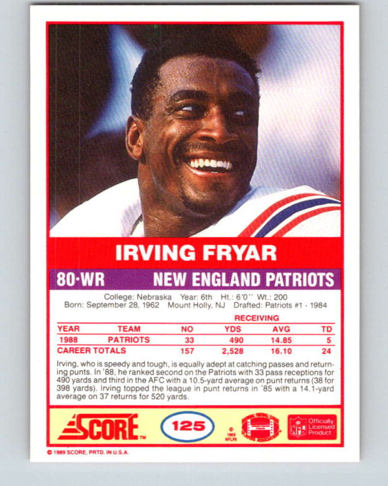 1989 Score #125 Irving Fryar UER Mint New England Patriots Image 2