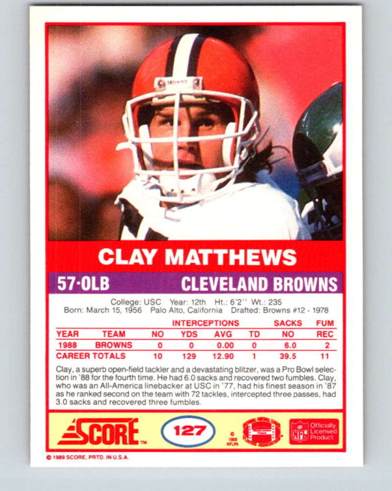1989 Score #127 Clay Matthews Mint Cleveland Browns Image 2