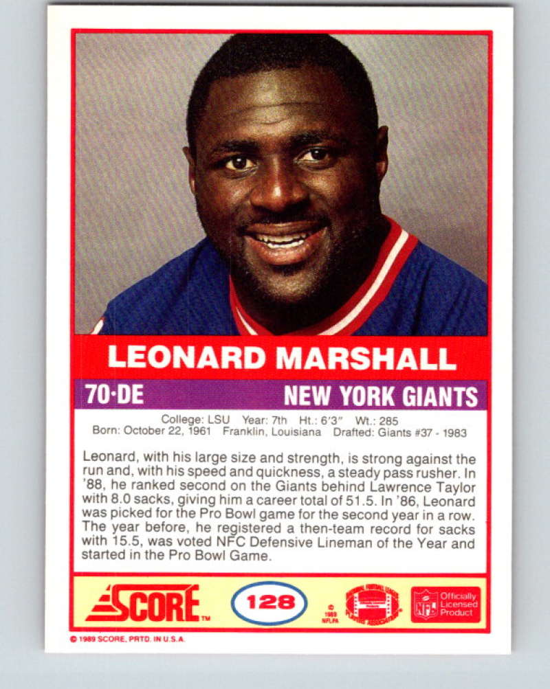 1989 Score #128 Leonard Marshall Mint New York Giants Image 2