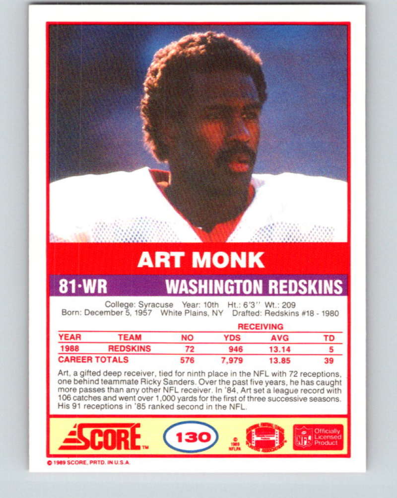 1989 Score #130 Art Monk Mint Washington Redskins Image 2