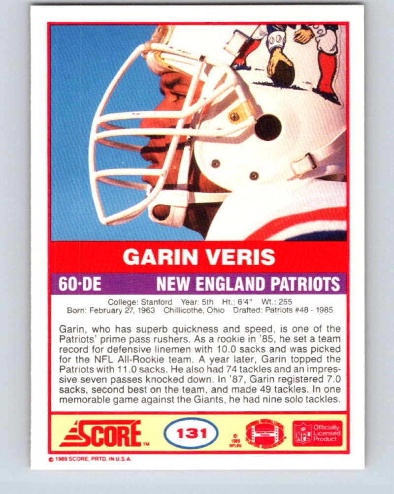 1989 Score #131 Garin Veris Mint New England Patriots Image 2