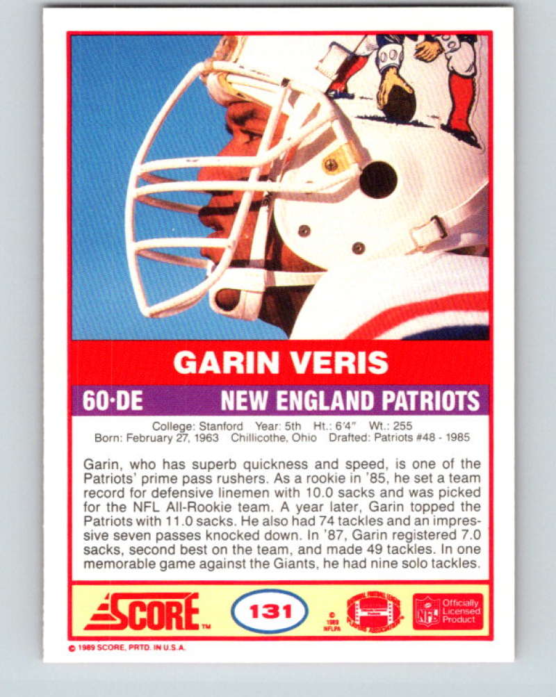 1989 Score #131 Garin Veris Mint New England Patriots  Image 2