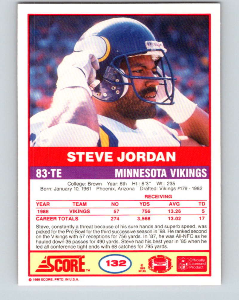 1989 Score #132 Steve Jordan Mint Minnesota Vikings Image 2