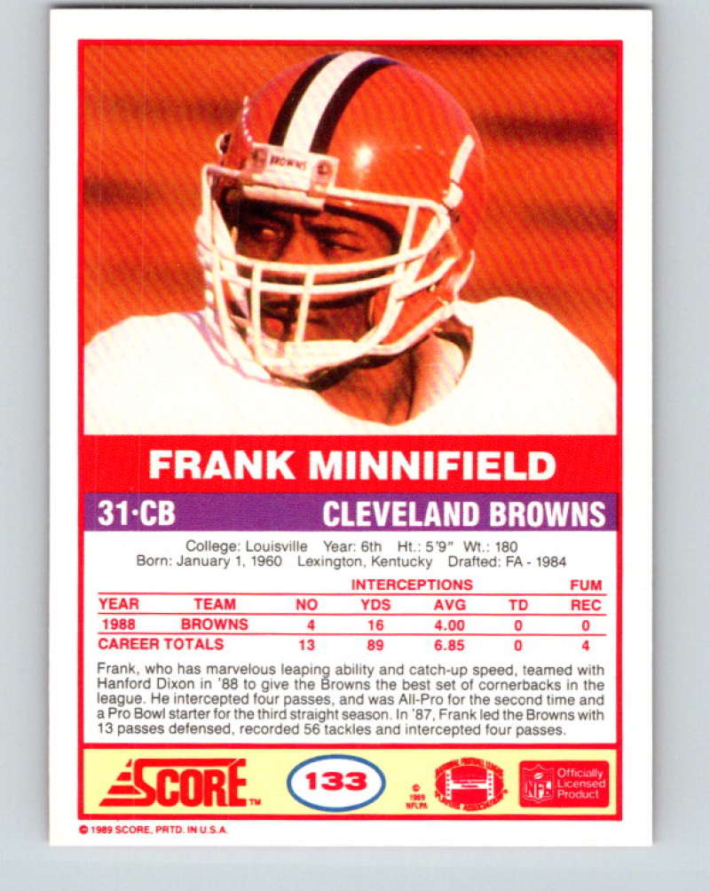 1989 Score #133 Frank Minnifield Mint Cleveland Browns Image 2