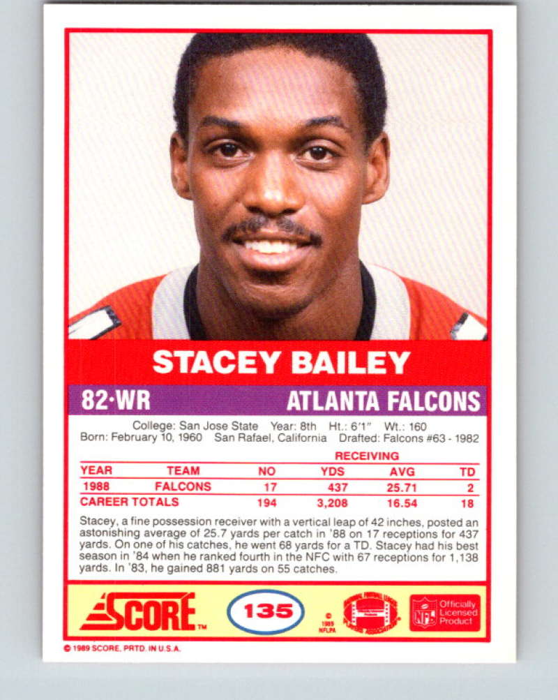 1989 Score #135 Stacey Bailey Mint Atlanta Falcons Image 2