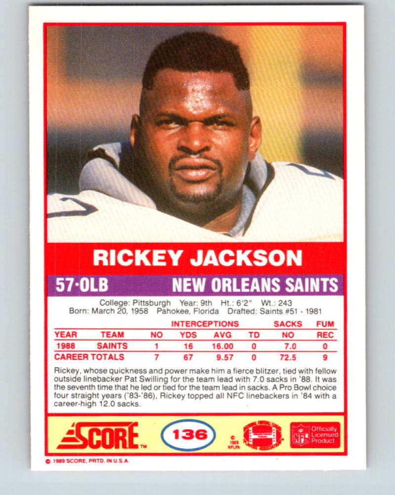 1989 Score #136 Rickey Jackson Mint New Orleans Saints Image 2