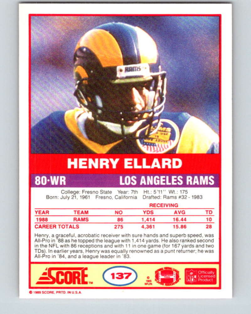 1989 Score #137 Henry Ellard Mint Los Angeles Rams  Image 2