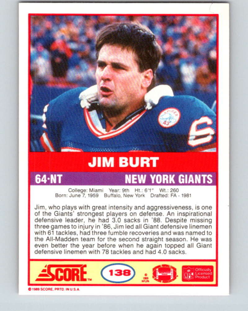 1989 Score #138 Jim Burt Mint New York Giants Image 2