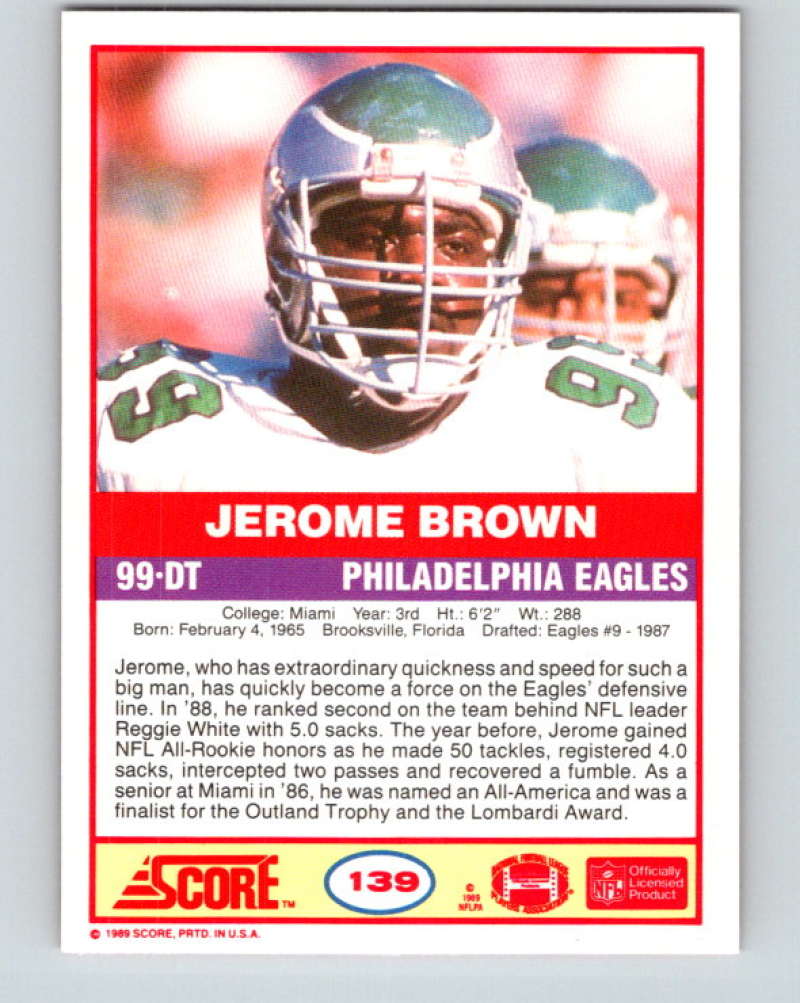 1989 Score #139 Jerome Brown Mint Philadelphia Eagles Image 2