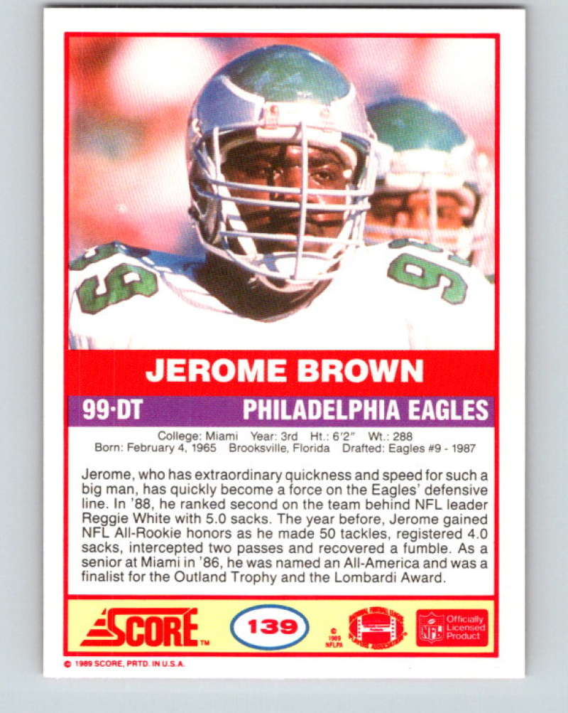 1989 Score #139 Jerome Brown Mint Philadelphia Eagles  Image 2