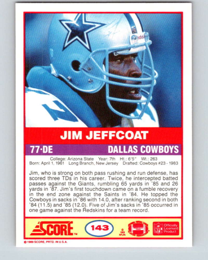 1989 Score #143 Jim Jeffcoat Mint Dallas Cowboys