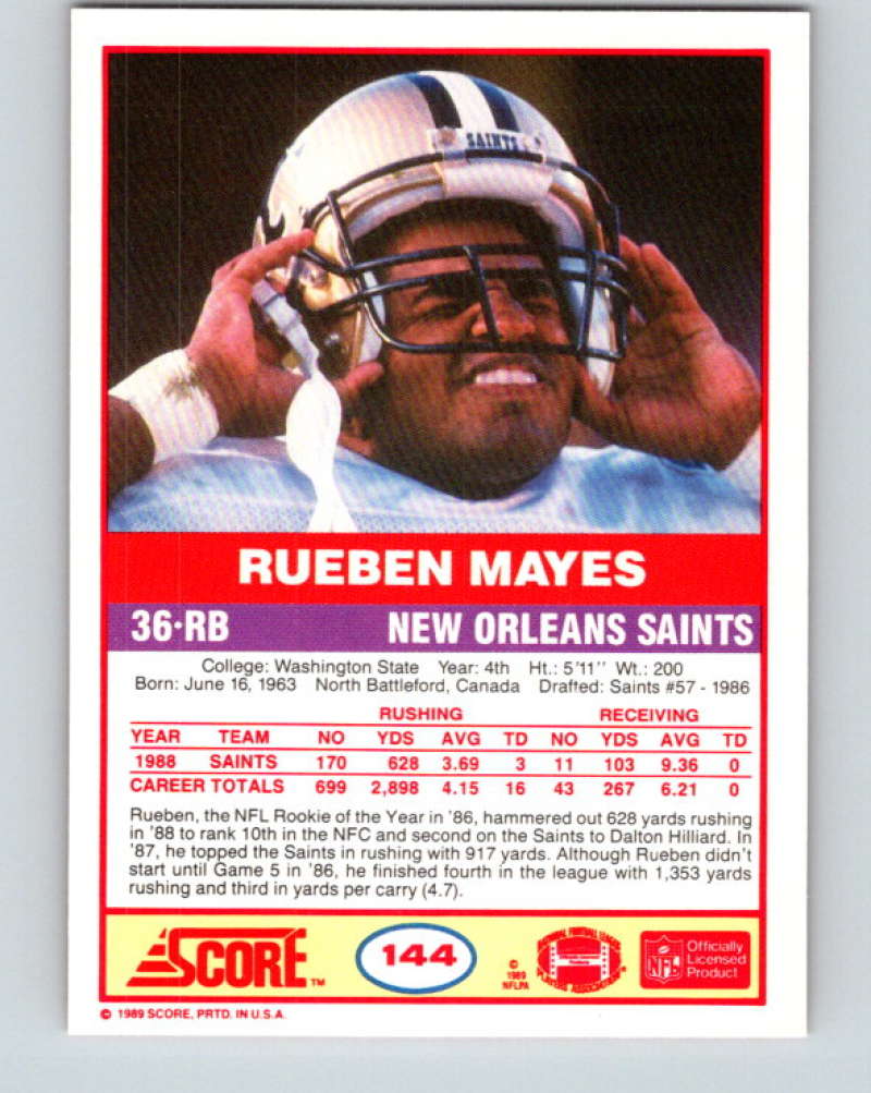 1989 Score #144 Rueben Mayes Mint New Orleans Saints Image 2