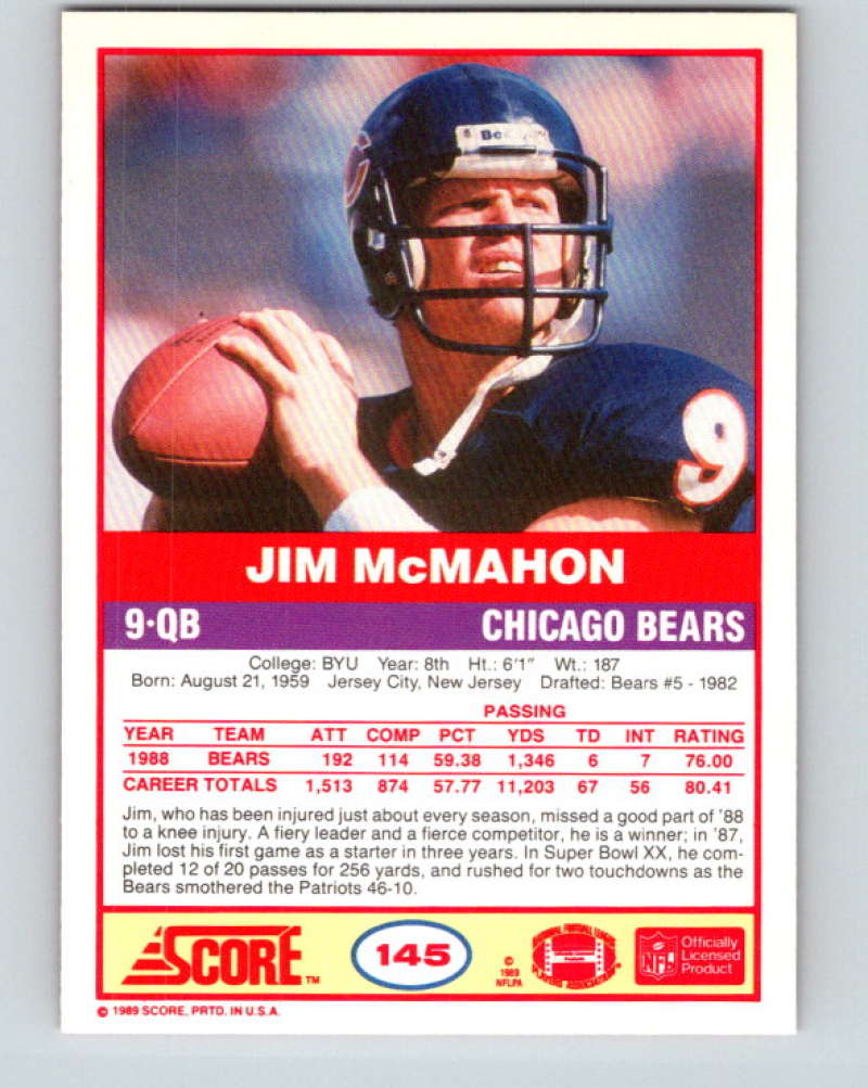 1989 Score #145 Jim McMahon Mint Chicago Bears