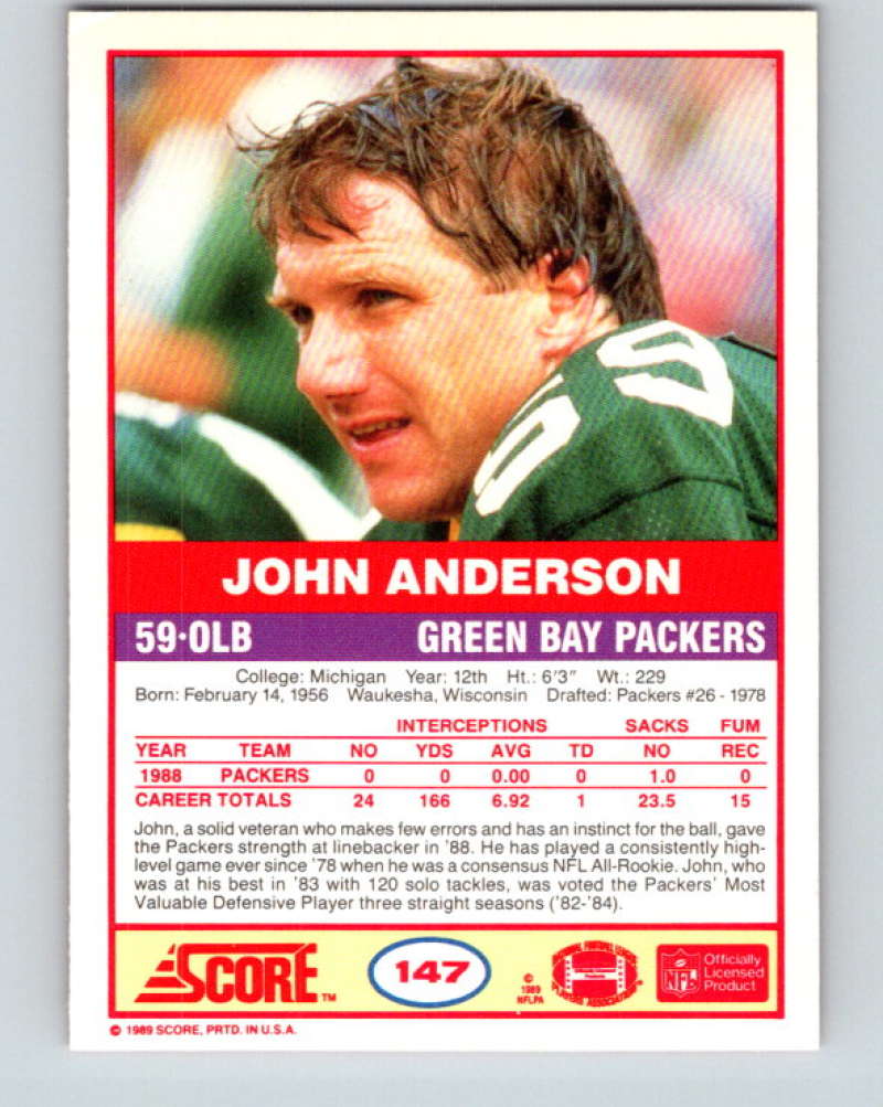1989 Score #147 John Anderson Mint Green Bay Packers Image 2
