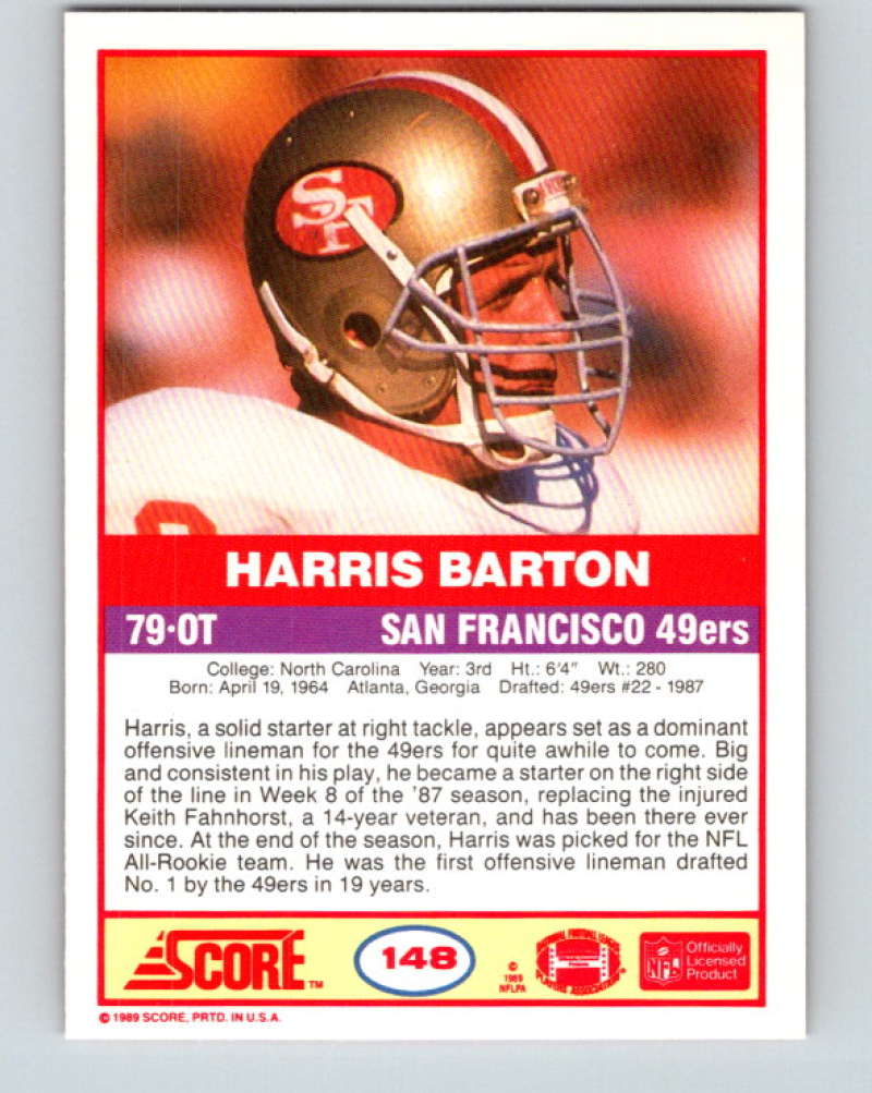 1989 Score #148 Harris Barton Mint RC Rookie San Francisco 49ers Image 2