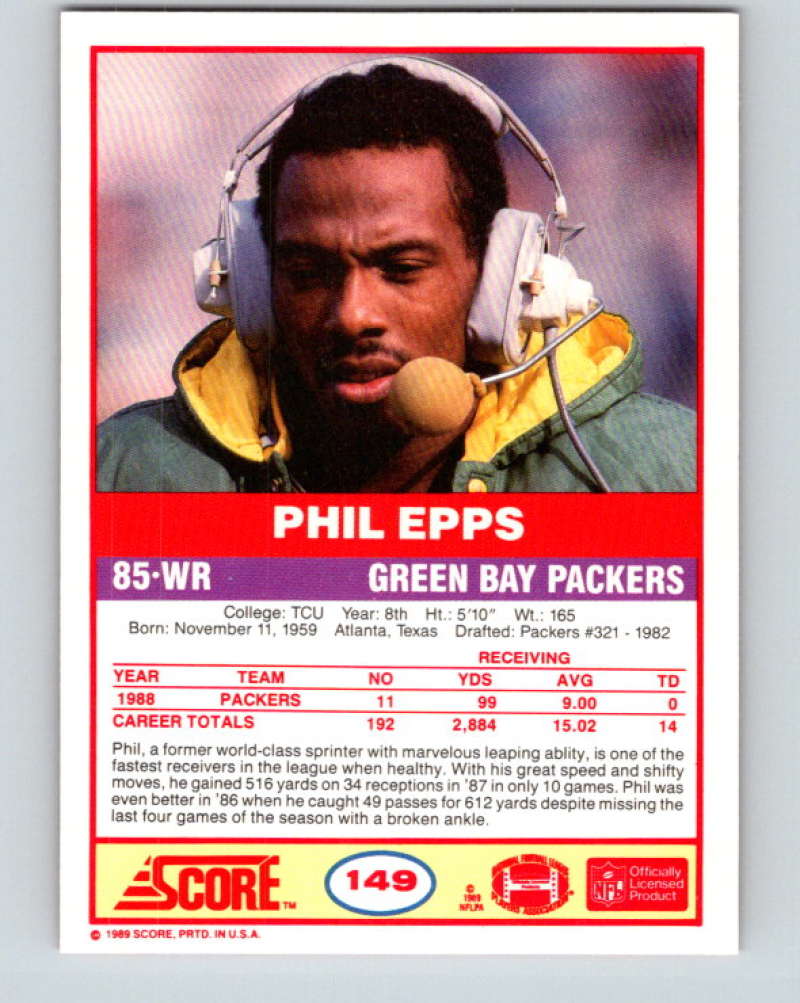1989 Score #149 Phillip Epps Mint Green Bay Packers Image 2