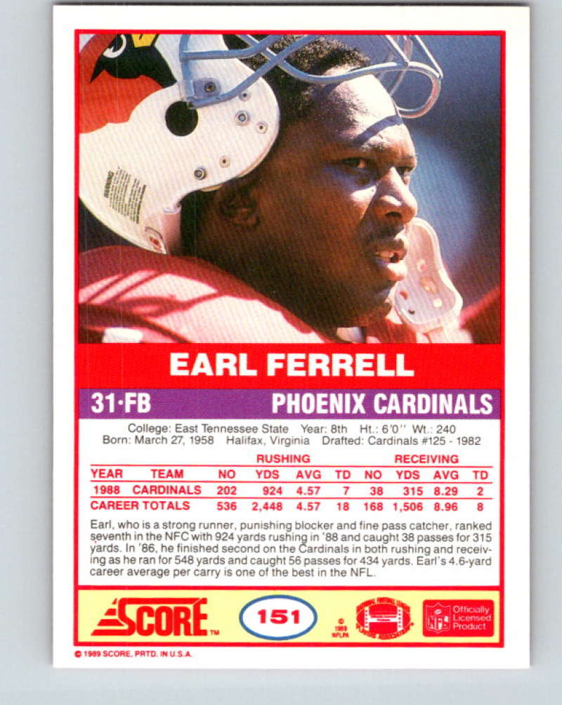 1989 Score #151 Earl Ferrell Mint Phoenix Cardinals Image 2