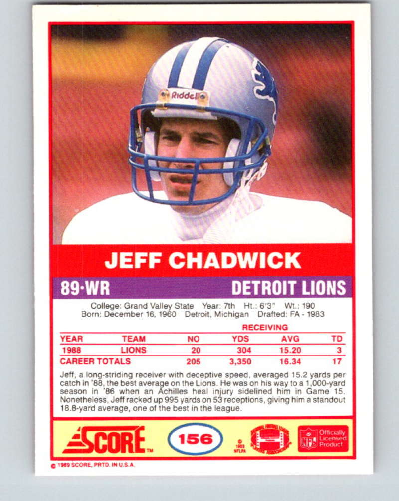 1989 Score #156 Jeff Chadwick Mint Detroit Lions Image 2