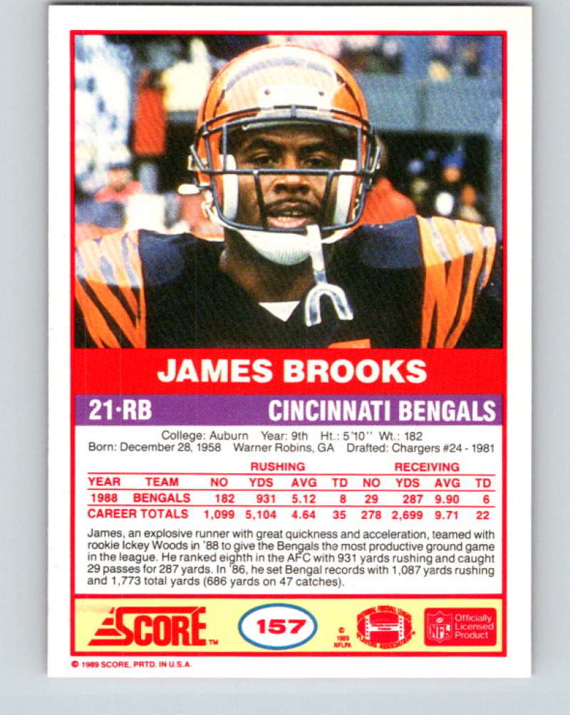 1989 Score #157 James Brooks Mint Cincinnati Bengals Image 2