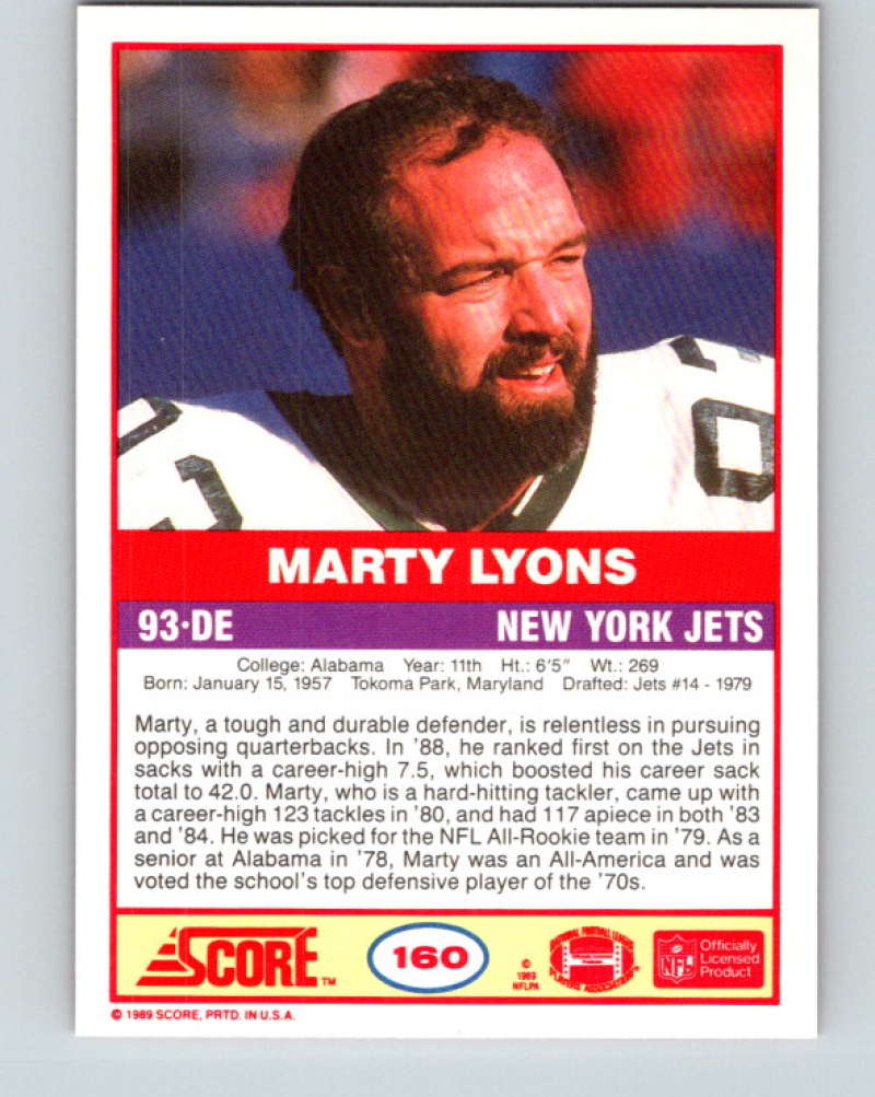 1989 Score #160 Marty Lyons Mint New York Jets Image 2