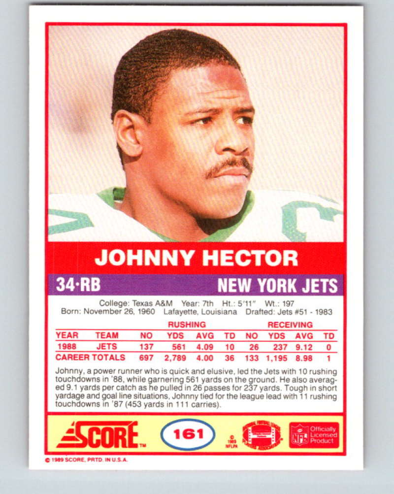 1989 Score #161 Johnny Hector Mint New York Jets Image 2