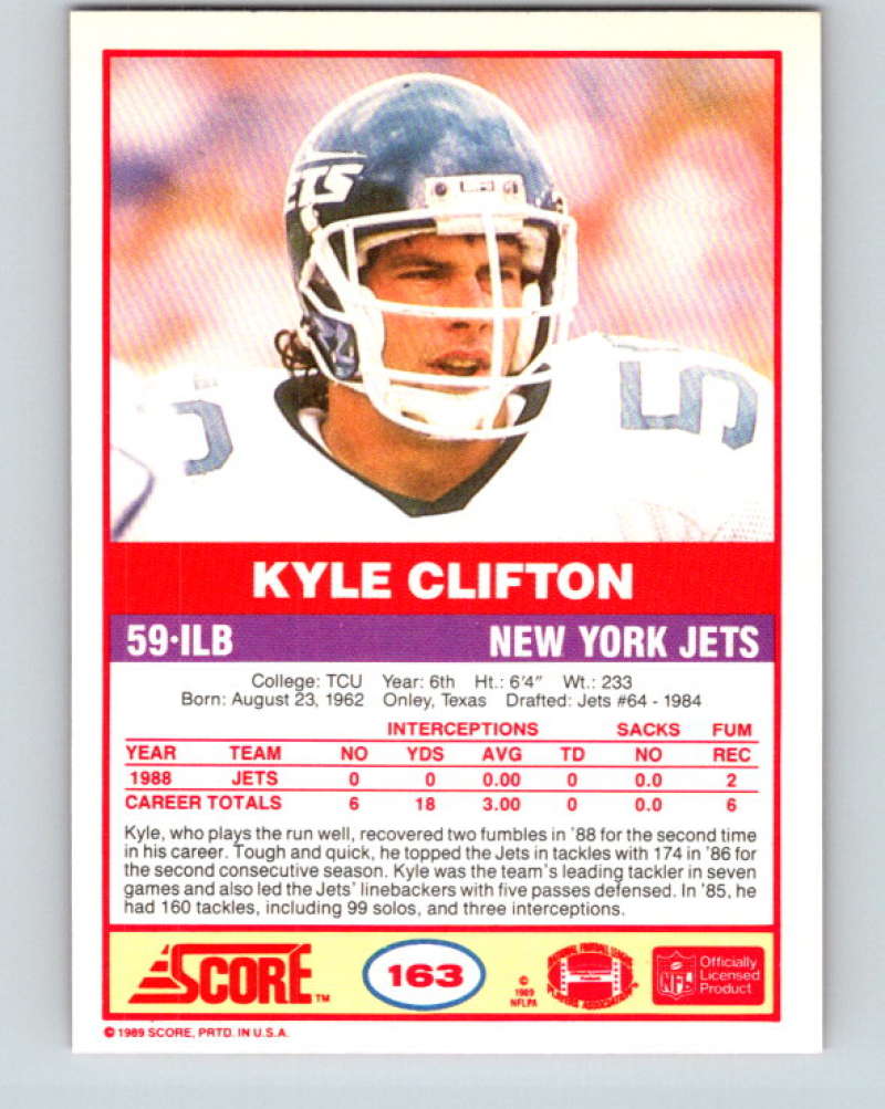 1989 Score #163 Kyle Clifton Mint RC Rookie New York Jets Image 2