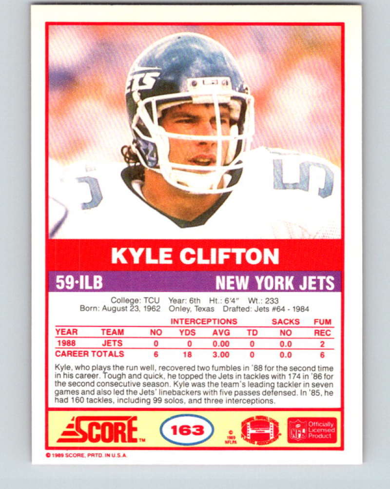 1989 Score #163 Kyle Clifton Mint RC Rookie New York Jets  Image 2