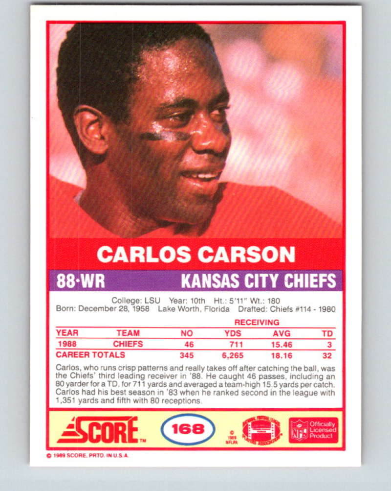 1989 Score #168 Carlos Carson Mint Kansas City Chiefs Image 2