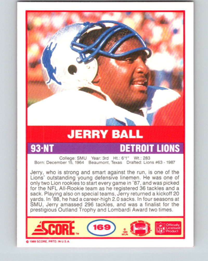 1989 Score #169 Jerry Ball Mint RC Rookie Detroit Lions Image 2